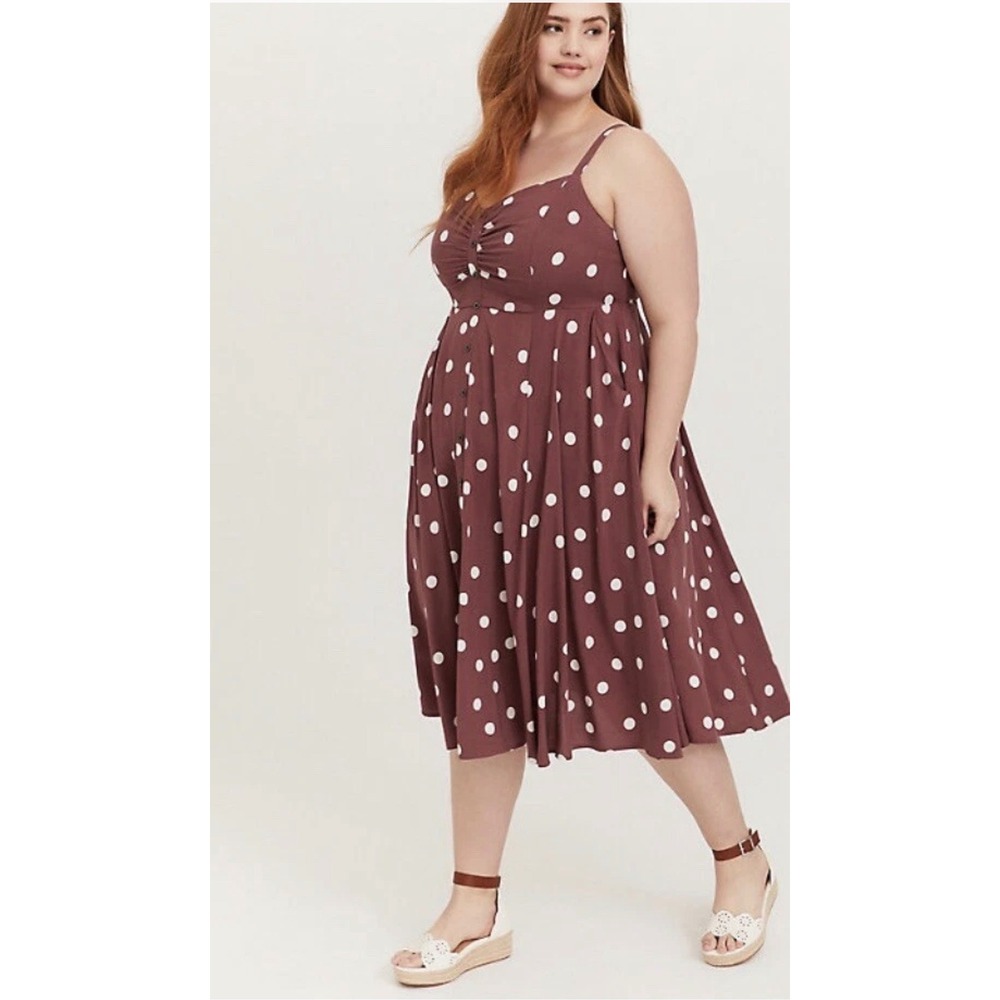 Torrid Women's Plus 2X Walnut Polka Dot Challis Button Front Midi Dress